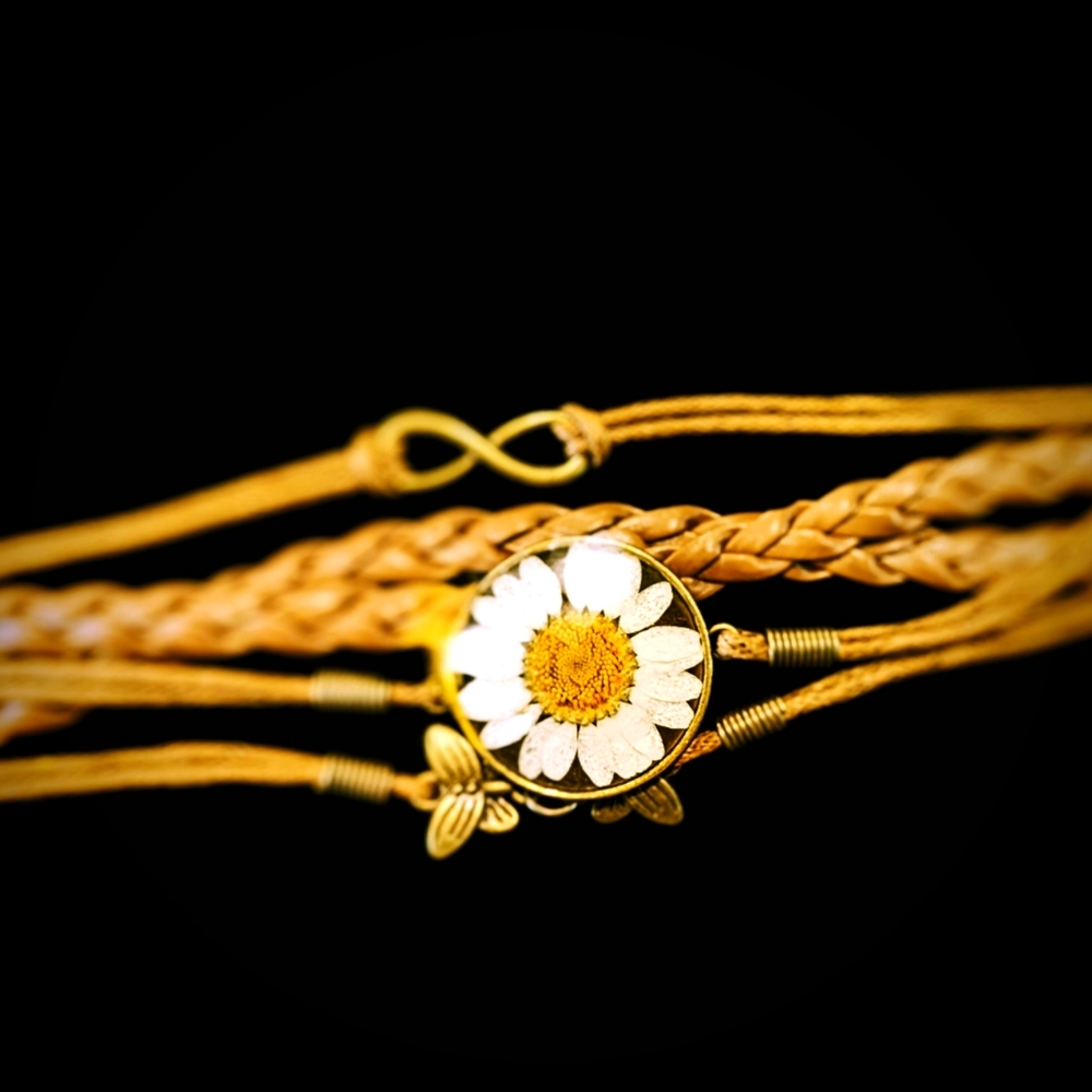 -[SOLD] Leather Braided Sunflower Bracelet